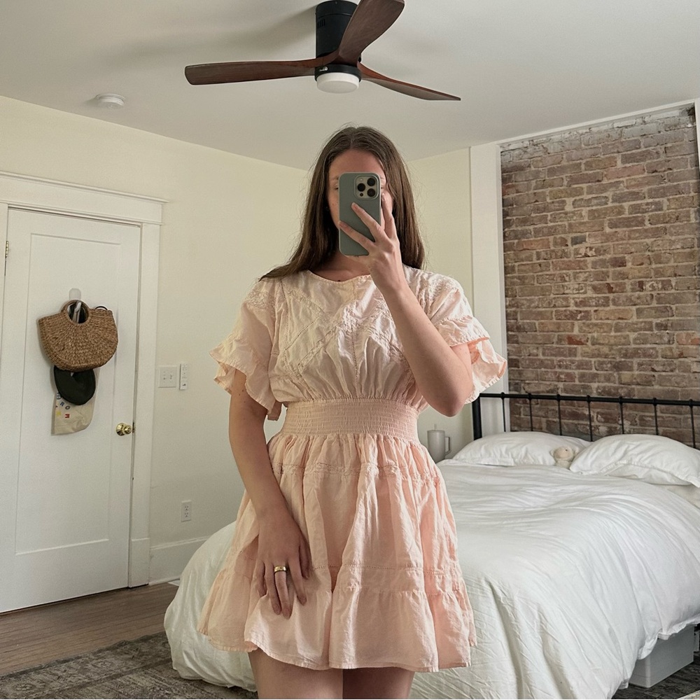 I:NA Pink Ruffle Mini Dress with Lace Sz L